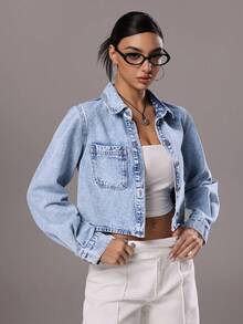 TRNVIE Women's Casual Everyday Commute Patchwork Pocket Cropped Denim Jacket, Spring/Autumn - Light Wash - View 1