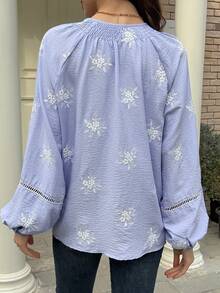 Vivie Lora Women's Embroidered Loose Striped Vacation Shirt Boho Long Sleeve - Blue - View 4