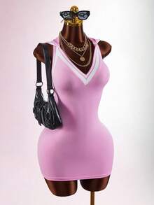 Amplova Women's Striped Backless Fitted Mini Dress With Hood - Pink - View 1