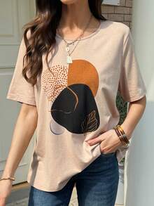 Livesso 女士宽松圆领印花卡其色T恤衫（夏季款） - 卡其色 - 查看 5