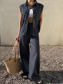 Livesso Women's Casual Denim Jumpsuit With Lapel Collar, Large Pockets And Pants - Blue - View 8