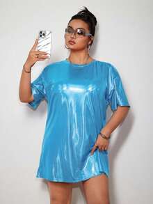 SHEIN ICON 大码 Y2K 大码偏光涂层 T 恤裙 - 藍色 - 查看 1
