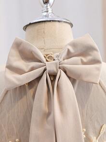 优雅奢华少女连衣裙，可爱公主裙，杏色立领，精致刺绣花卉装饰，无袖A字廓形，华丽公主裙 - 彩色 - 查看 5