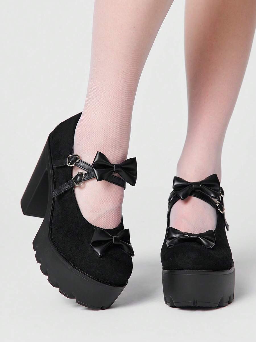 ROMWE Chaussures à talons hauts pour femmes, style rock sombre, punk, goth, à bout fermé, chaussures de soirée Y2K, talon épais avec nœud, chaussures Babies douces , petits talons, chaussures de travail et de ville - Daim noir - Voir 1