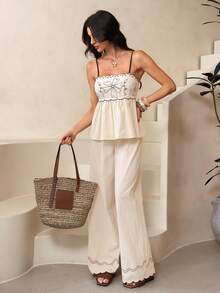 SHEIN Tall Set de 2 piezas de mujer con camiseta de tirantes bordada y pantalones largos, conjunto informal de verano - Beis - Ver 4