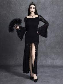 Glisette Gothic Style Lace Patchwork Long Sleeve Bodycon Dress, Slim Fit Elegant Dress For Women,Black Autumn Vampire Witchy Funeral Demon Party Night - Black - View 1
