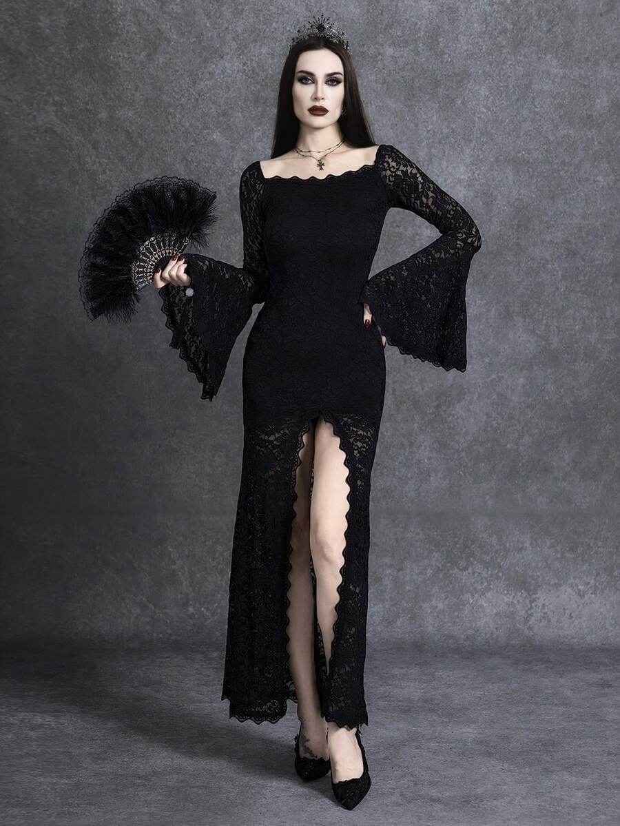 Glisette Gothic Style Lace Patchwork Long Sleeve Bodycon Dress, Slim Fit Elegant Dress For Women,Black Autumn Vampire Witchy Funeral Demon Party Night - Black - View 1