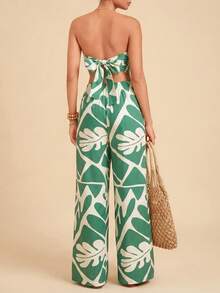 Travachic Top bandeau estampado y pantalones sueltos, conjunto de dos piezas para mujer, carnaval, verano - Verde - Ver 2