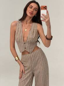 Aloruh 女士条纹不对称下摆上衣和阔腿裤休闲套装 - 棕色 - 查看 6