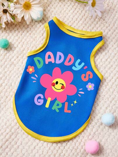 PETSIN 1件可爱小花彩色字母印花宠物背心蓝色拼接黄色休闲风宠物服装