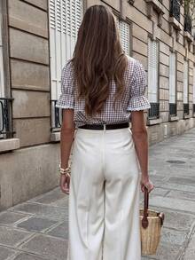 Pariaura 2026 Spring/Summer New Arrival Ivory Embroidered Short Sleeve Plaid Shirt, French Elegant Office Wear, Ruffle Collar, Elastic Cuff, Single-Breasted Placket, Versatile For Commuting And Outings, Women's Spring/Summer New Blouse White Wide Leg Pants Women French Style Clothes Summer Work Outfits For Women White Elegant Top White Flare Pants Gingham Top Checkered Top Brown Shirt Women Checkered Shirt Summer Shirts Woman - Coffee Brown - View 2