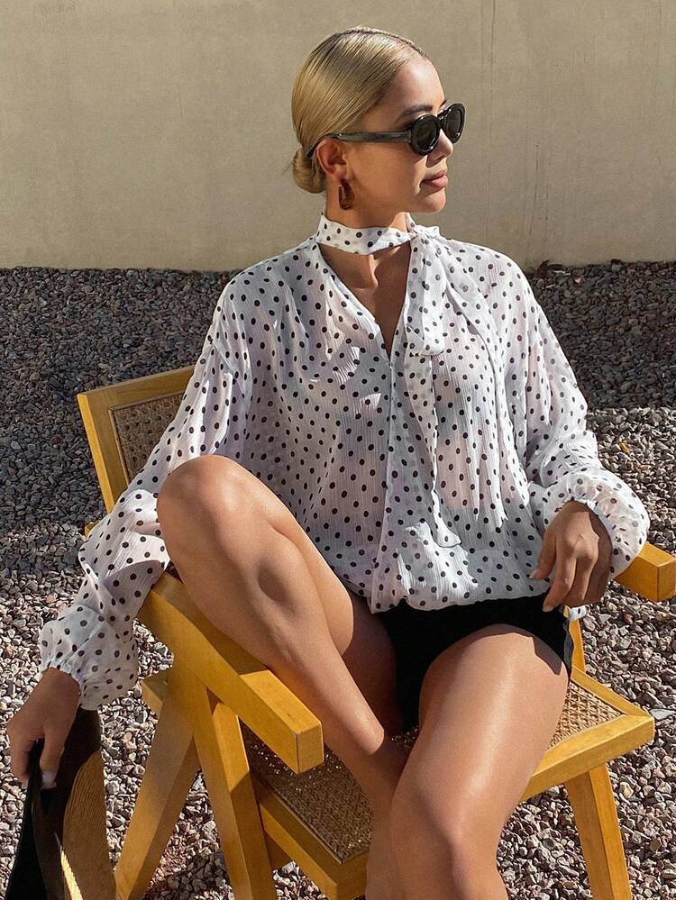 Women's Polka Dot Sheer Loose Tie Front Long Sleeve Casual Elegant Vacation Blouse, Spring/Summer