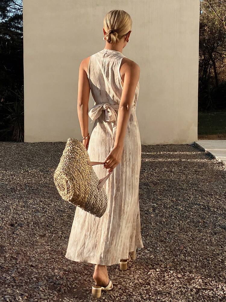 Tie-Dye Print Wrap Front Backless Fitted Dress, Elegant Resort Wear For Women, Spring/Summer Cruise Outfit For Women Sundress