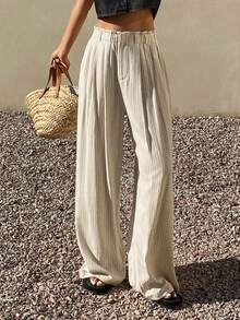 DAZY Striped Elastic Waist Wide Leg Pants, Casual Vacation Summer Trousers For Women - Apricot - View 4