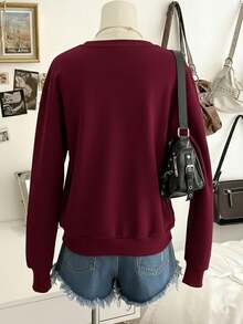 Lalippa Women's Round Neck Sweatshirt, Fashionable Inspiration With Rhinestones And Thermal Lining, Suitable For Autumn And Winter - Red Violet - View 2