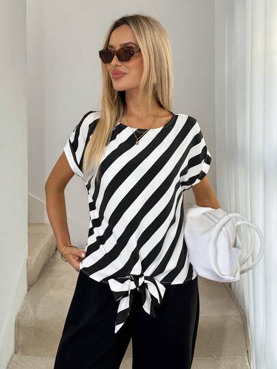 Easowa Blusa casual holgada de cuello redondo a rayas para mujer, ropa casual