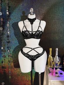 2pcs Black Lace Rivet Choker Sexy Lingerie Set - Black - View 10