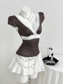 Elamini Camiseta de manga corta ajustada con cuello en V, encaje, parches y lunares en contraste de estilo vintage y dulce y sexy, para primavera/verano para mujeres - Café integral - Ver 4