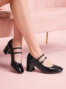 CUCCOO DOLLMOD College Patent Leather High-Heeled Mary Jane Autumn Shoes Pointed Toe Double Buckle With Versatile Thick Heel Shoes Femininity Evening Wind Women's Shoes Valentine's Day - Black - View 4