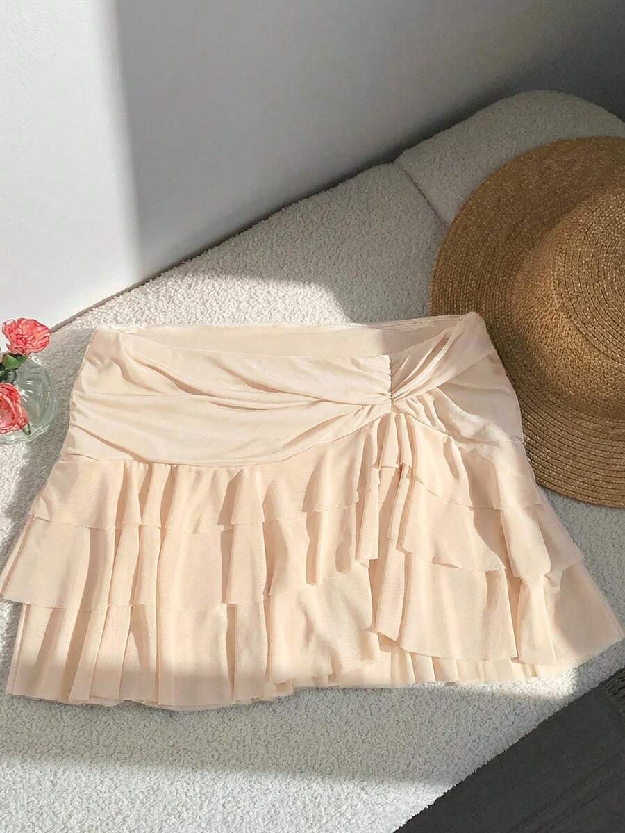 SHEIN EZwear 女士时尚不对称下摆荷叶边腰部米色伞裙 - 米色 - 查看 1