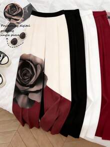 Franclia 女士夏季阔腿裤，黑色腰带，杏红色底色数码印花花卉图案，前幅热转印线条设计，百搭版型，梭织面料，休闲时尚，年轻通勤风 - 彩色 - 查看 4