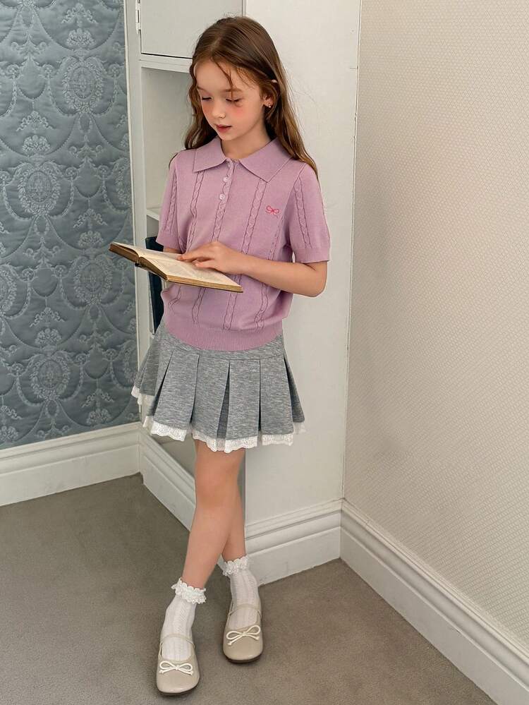 Tween Girl Bow Embroidery Twist Cable Short Sleeve Polo Neck Knit Top