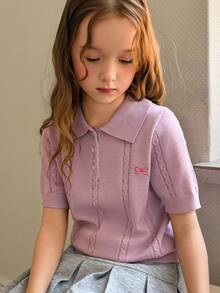 DAZY 少女蝴蝶结刺绣扭结短袖Polo领针织上衣 - 粉色 - 查看 5