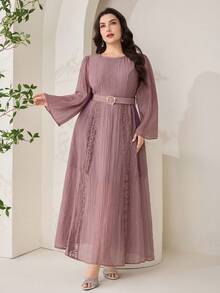Veilorie Plus Size Women's Solid Color Round Neck Long Sleeve Contrast Lace Elegant Arabic Style Dress - Dusty Pink - View 7