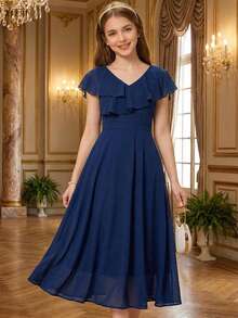 Pitira Kids Elegant Blue Midi Dress Blue Dresses Classy Elegant Navy Blue Formal Dress Dark Blue Dress Ruffle Sleeve Blue Dress - Royal Blue - View 3