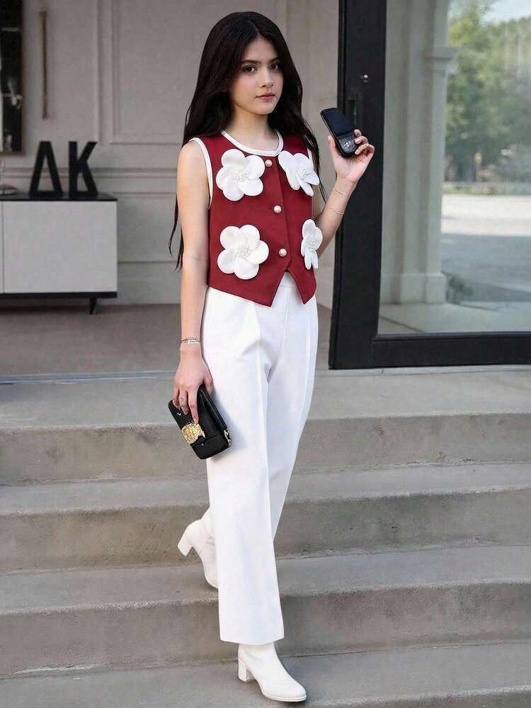 Tween Girls' Summer Casual 3D Floral Decor Contrast Trim Tank Top And Shorts Set - Burgundy - View 1