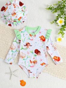 Baby Girl Cartoon Mermaid Print Patchwork Ruffle Trim Zipper Front One-Piece Swimsuit - Multicolor - View 2