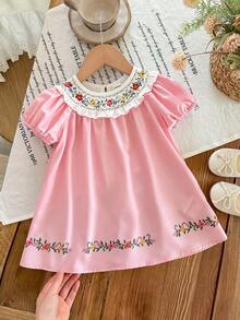 SHEIN LMoss Kids Young Girl Ditsy Floral Loose Fit Short Sleeve Vacation Dress,Kids - Multicolor - View 2