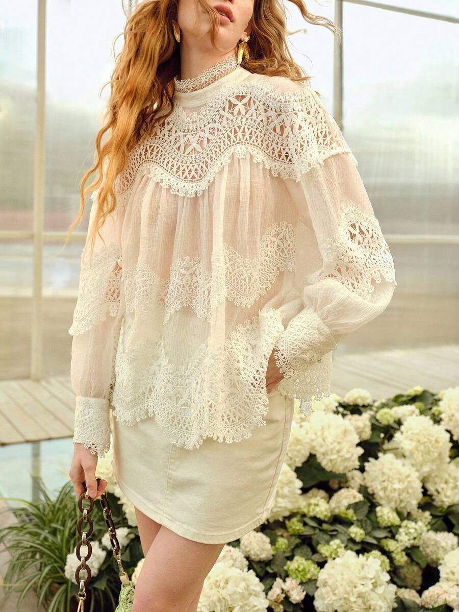 MOTF PREMIUM WOMEN'S ROMANTIC ELEGANT LACE PATCHWORK LONG SLEEVE BLOUSE, SPRING/SUMMER - White - View 2