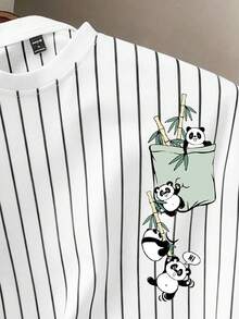 Manfinity Joysei 黑白条纹熊猫图案短袖T恤 - 白色 - 查看 2