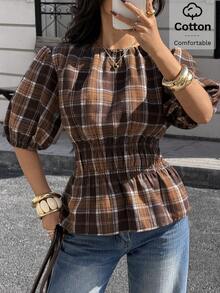 Siren Gaze 女士格子圆领短泡泡袖收腰时尚衬衫 - 巧克力棕 - 查看 1