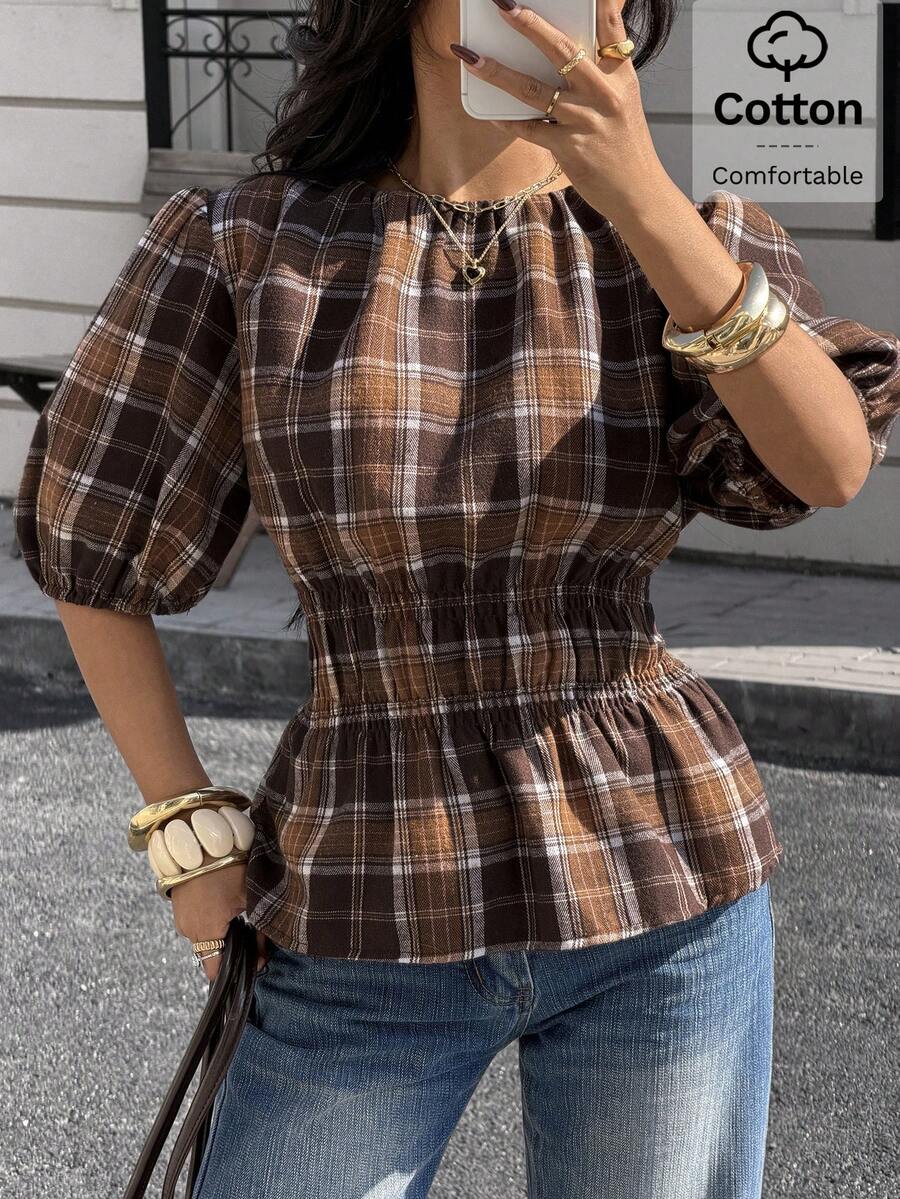 Siren Gaze 女士格子圆领短泡泡袖收腰时尚衬衫 - 巧克力棕 - 查看 1