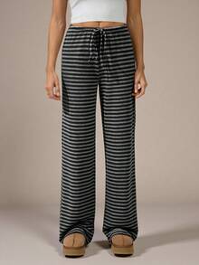 SHEIN Tall Quần dài nữ cạp thấp kẻ sọc nâu mới, thích hợp cho mùa Thu/Đông. - màu đen - Xem 4