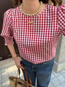 Solivie Blusa casual de mujer con cuello redondo, mangas abultadas y estampado de cuadros, para verano - Rojo y blanco - Ver 10