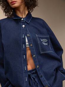 SHEIN Denim Summer Two Pieces Denim Set Elastic Thin Fabric Pant And Embroidery Shirt - Dark Wash - View 1