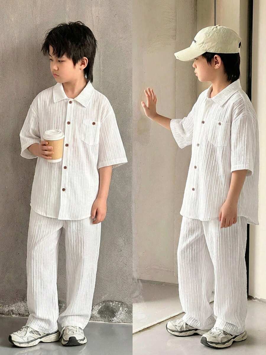 SHEIN Little Byeori Bộ đồ 2 món cho bé trai/thiếu niên: áo polo cổ bẻ dáng rộng tay ngắn kẻ sọc, thoải mái, kiểu dáng thường ngày và quần dài. - Nhiều màu - Xem 1