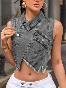 Rivivi Women's Solid Color Frayed Hem Asymmetric Hem Sleeveless Denim Vest - Grey - View 5