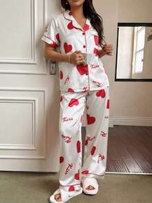 Dream Adore 心形印花翻领短袖睡衣套装 - 白色 - 查看 5