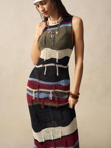 Bohemela Women Striped Round Neck Sleeveless Side Slit Hem Knitted Dress - Multicolor - View 8