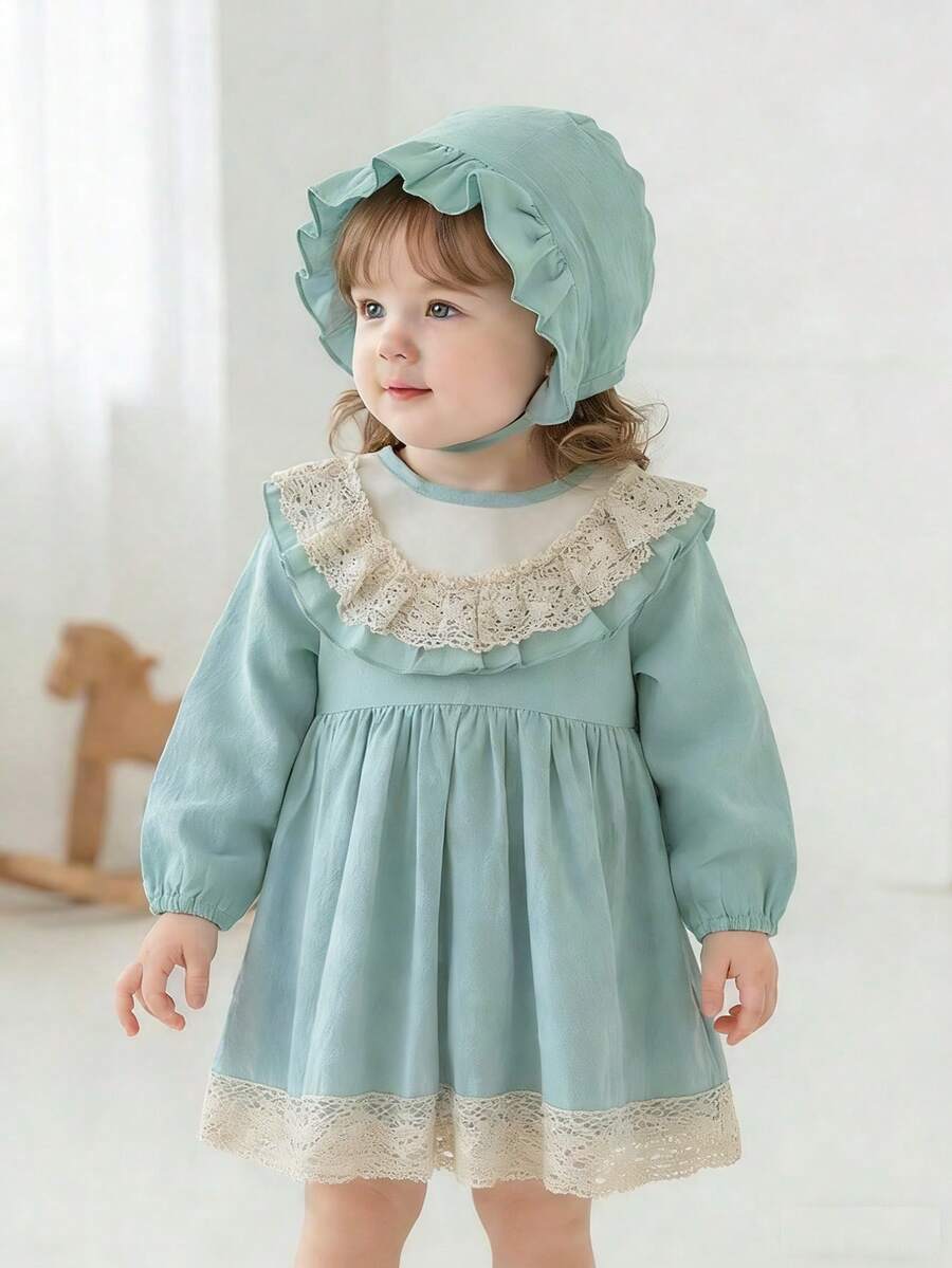 SHEIN 女婴格子拼接纯色荷叶边长袖公主裙,秋冬款 - 綠色 - 查看 1