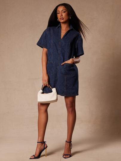 NYA SZN 牛仔撞色缝线迷你款动物纹蛇皮连衣裙