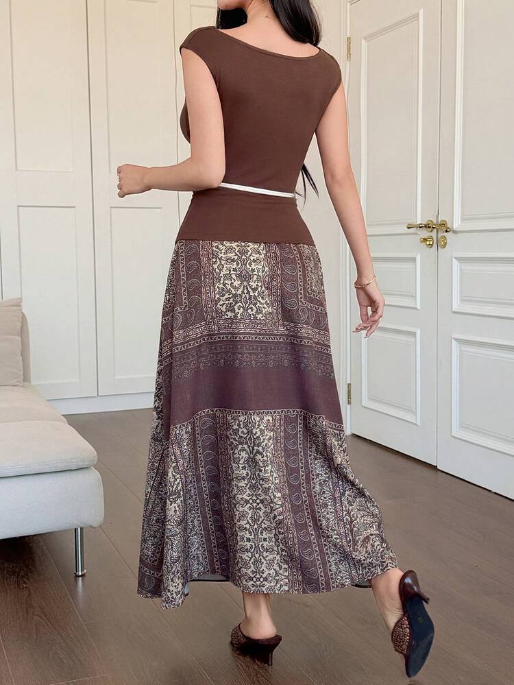 Women's Elegant Draped Collar Belted T-Shirt & Floral Print Skirt 2-Piece Set, Summer,Wedding Guest Dress Women Off The Shoulder