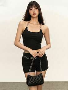 Rina Fox American Hot Girl Metal Chain Cami + Black Slim Shorts Two-Piece Set - Black - View 3