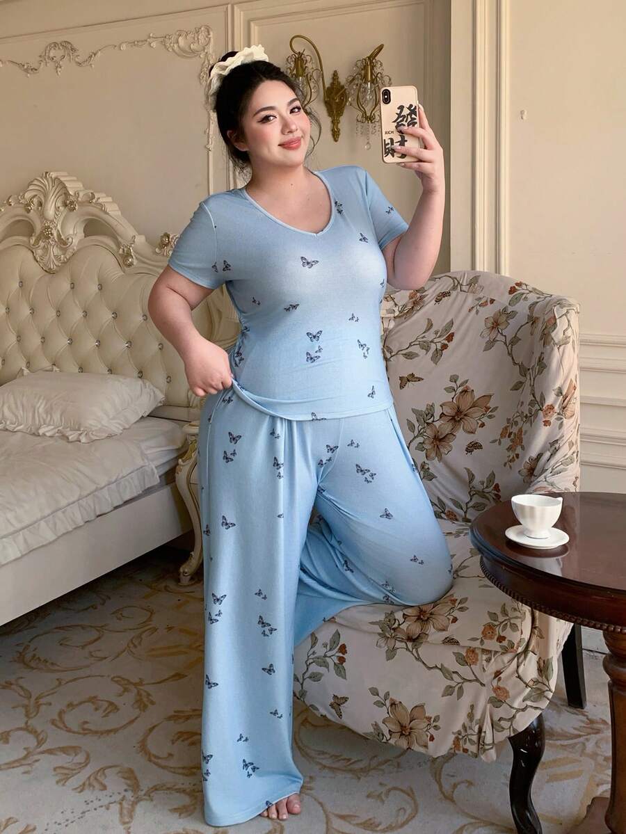Dazy Plus Piyama Set Kaos Lengan Pendek dan Celana Panjang Motif Kupu-kupu Nyaman Ukuran Besar, Musim Panas - Biru - View 1