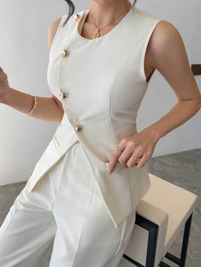 DAZY 女士优雅通勤纯色背心和裤子两件套，夏季