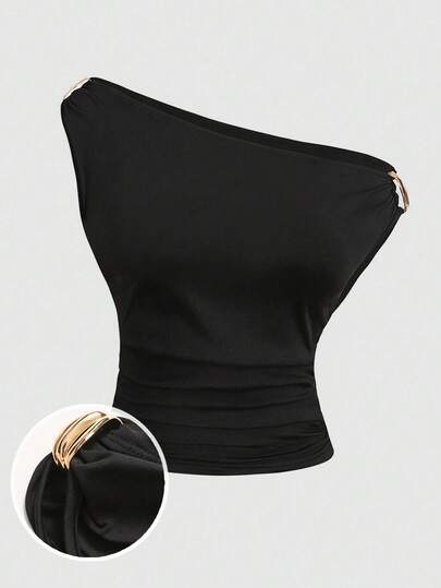 Girlism Teen Girls Black Tight Knit Asymmetric Collar Metal Buckle Ruched Sleeveless Vest Top